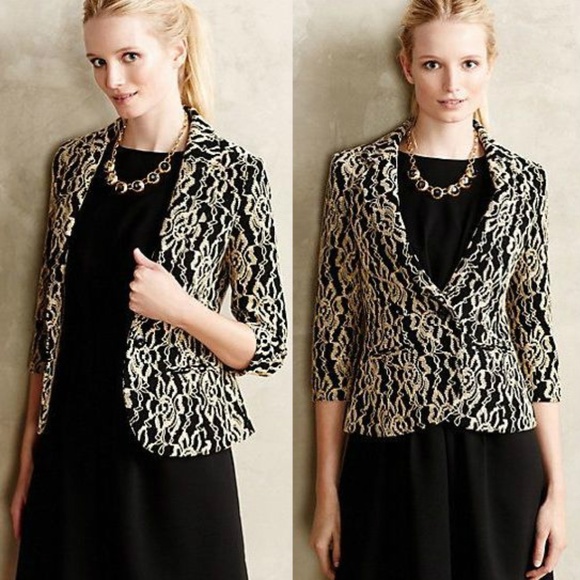ANTHROPOLOGIE Cartonnier Felicia Lace Blazer Black Tan NEW - Picture 1 of 8